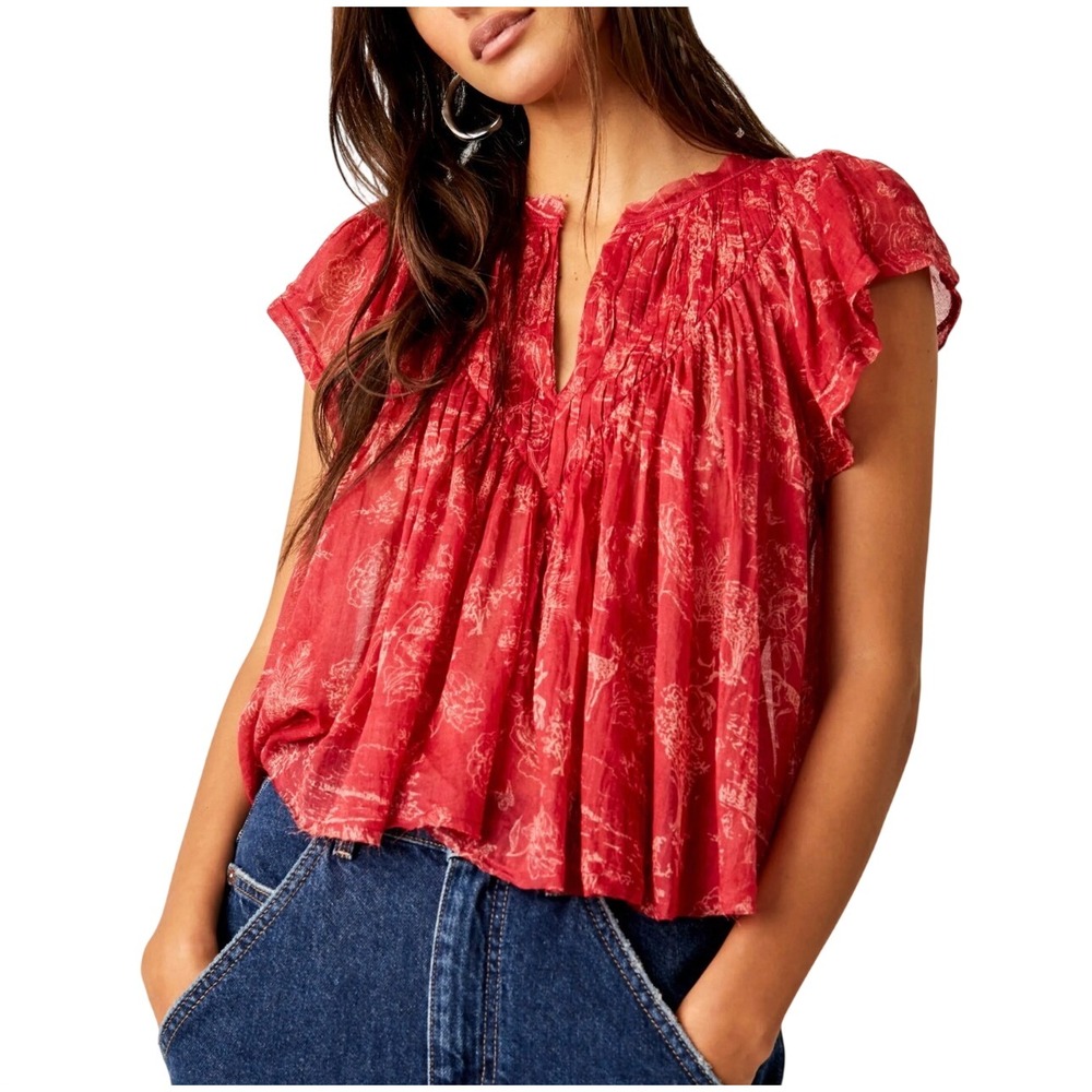 Free People Printed Padma Top Babydoll V-Neck Top Women's M Raw Edge Boho Whimsy